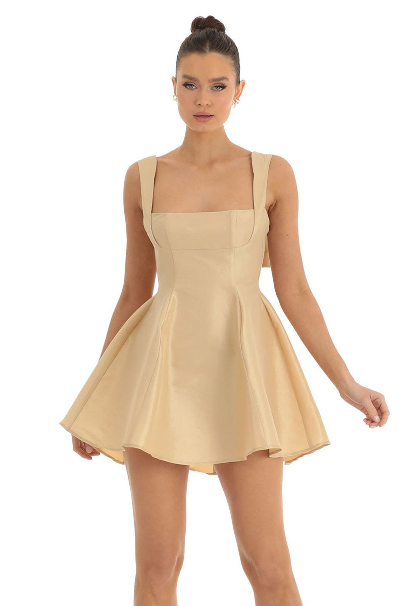 Square Neck Straps White Bow Knotted Cutout Backless A-line Satin Mini Dresses