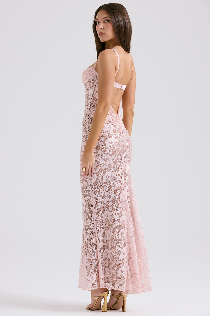 Floral Lace Backless Slim Fit Spaghetti Strap Maxi Dresses-Pink