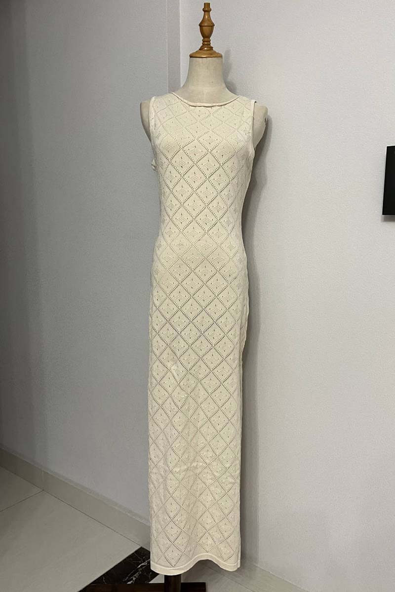 Hollow Out Boat Neck Sleeveless Knitted Bodycon High Slit Cover Up White Maxi Dresses