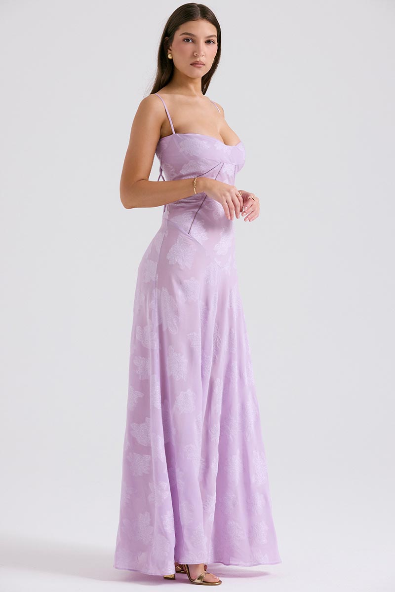 Elegant Floral Print Quilted Lace Up Back Formal Party Flowy Maxi Dresses-Green
