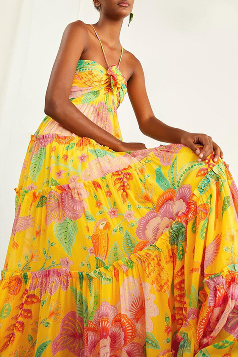 Rosette Halter Floral Print Quilted Vacation Maxi Dresses-Yellow