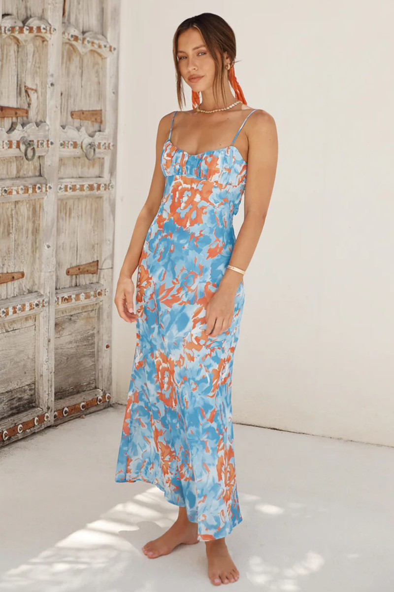 Floral Print Spaghetti Strap Open Back Maxi Dresses-Green