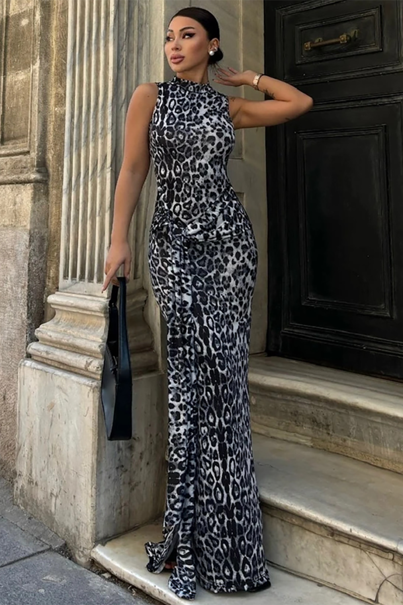 Leopard Print Mock Neck Sleeveless Tie Up Slim Fit Maxi Dresses-Brown