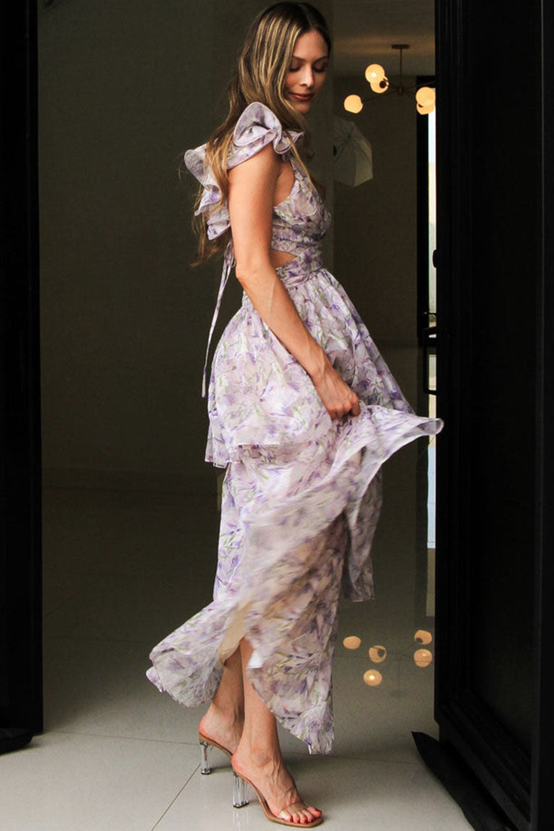 V Neck Ruffle Cutout Floral Print Layered Maxi Dresses-Purple Pre Order