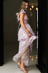 V Neck Ruffle Cutout Floral Print Layered Maxi Dresses-Purple Pre Order