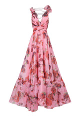 Ruffle Lace Up Backless Floral Print Vacation Maxi Dresses-Pink