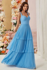 Deep V Neck Cinch Waist Pleated Layered Hem Gowns Maxi Slip Dresses-Blue