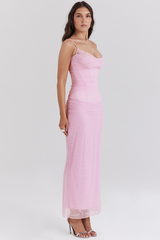 Lace Patchwork Corset Bodycon Maxi Slip Dresses-Pink