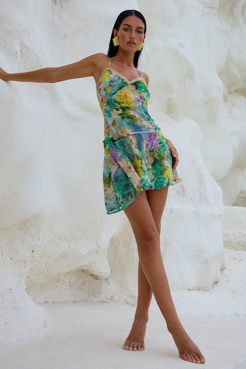 Lace Trim Floral Print Backless Irregular Mini Slip Dresses-Green