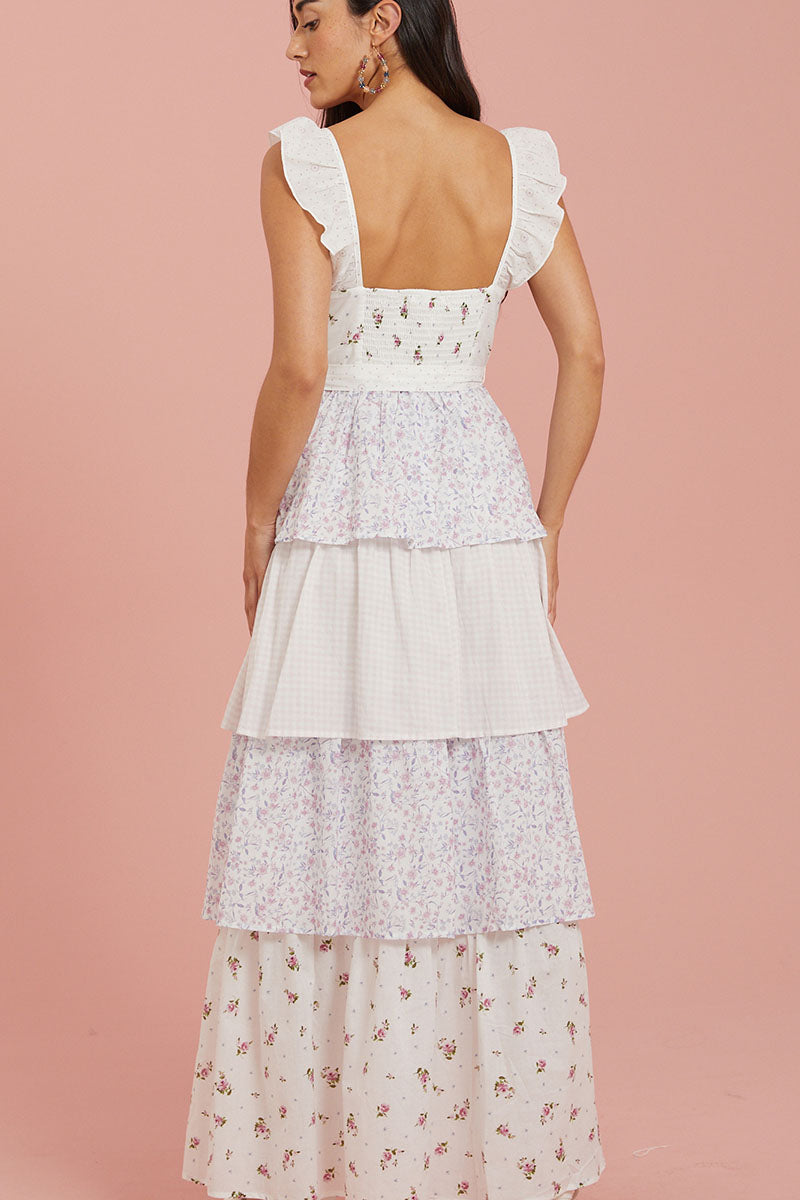 Sweetheart Neck Floral Print Patchwork Layered Maxi Dresses-White