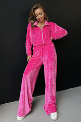 Turndown Collar Zip Crop Cardigan Wide Leg Velvet Pants Matching Set-Black