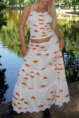 Goldfish Pattern Crop Cami Ruffled Lace Trim Maxi Skirt Matching Set-White