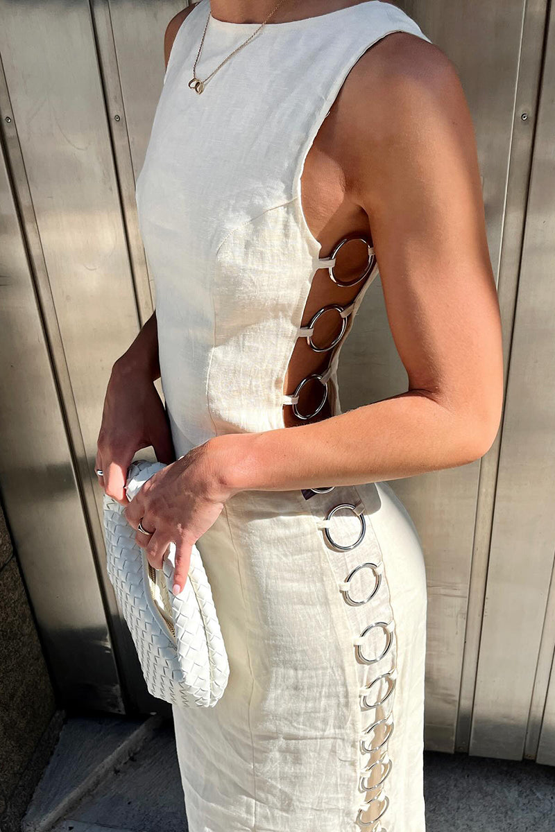 Boat Neck Metallic O-Ring Decor Sleeveless Cutout Plain Maxi Dresses