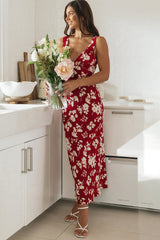 V Neck Sleeveless Floral Print Waist Tie Up Maxi Dresses