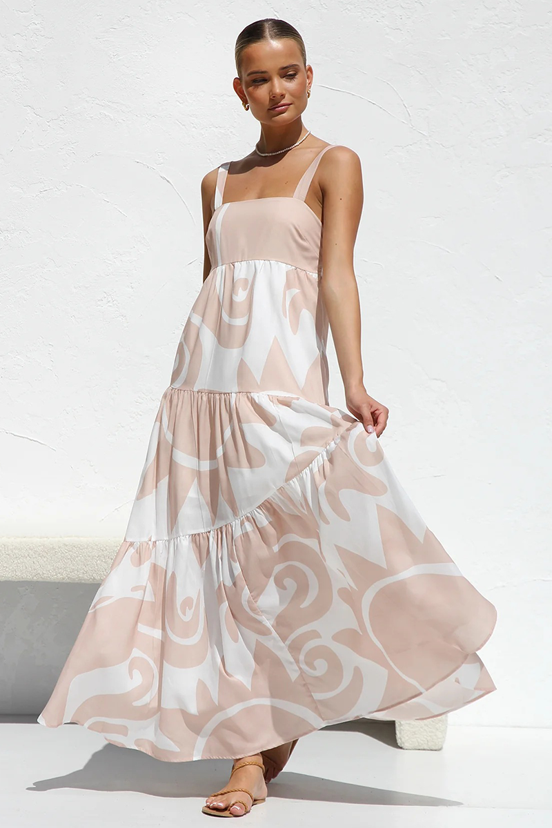 Graphic Print Thick Straps Boat Neck A-Line Vacation Maxi Dresses-Blue