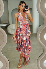 Boho Print Halter V Neck Irregular Hem Maxi Dresses-Red Pre Order