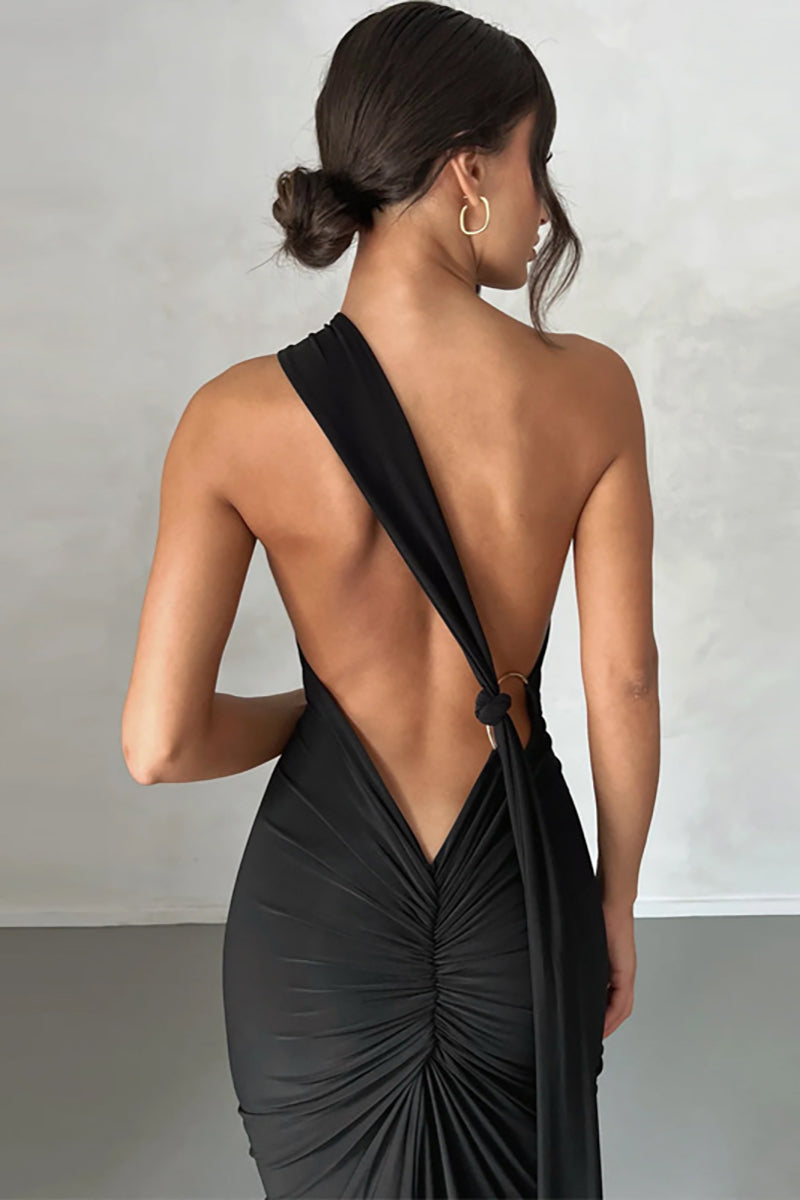 One Shoulder Sleeveless Sash Ring Decor Ruched Backless Elegant Evening Gown White Maxi Dresses