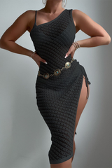 Textured Knit One Shoulder Sleeveless High Slit Swimwear Cover Ups Midi Dresses-White