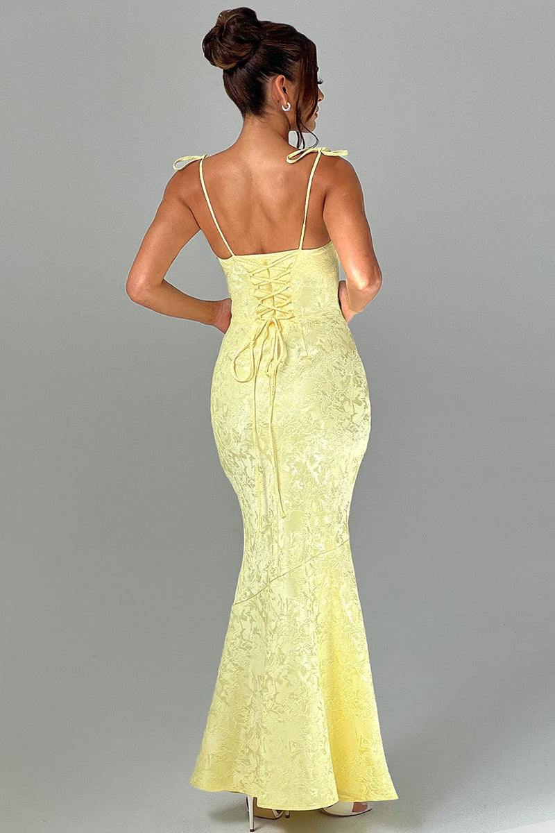 Lace Up Spaghetti Strap Slim Fit Jacquard Maxi Dresses-Yellow