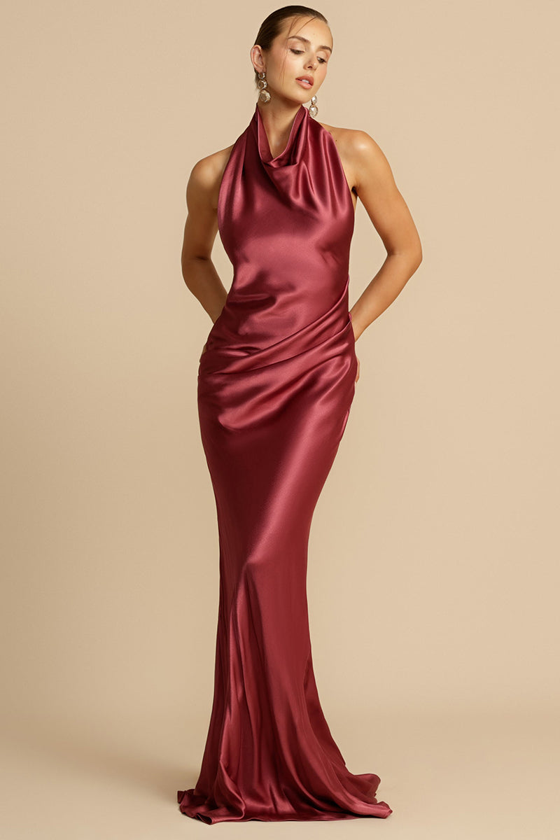 Halter Cowl Neck Backless Gown Party Maxi Dresses-Burgundy