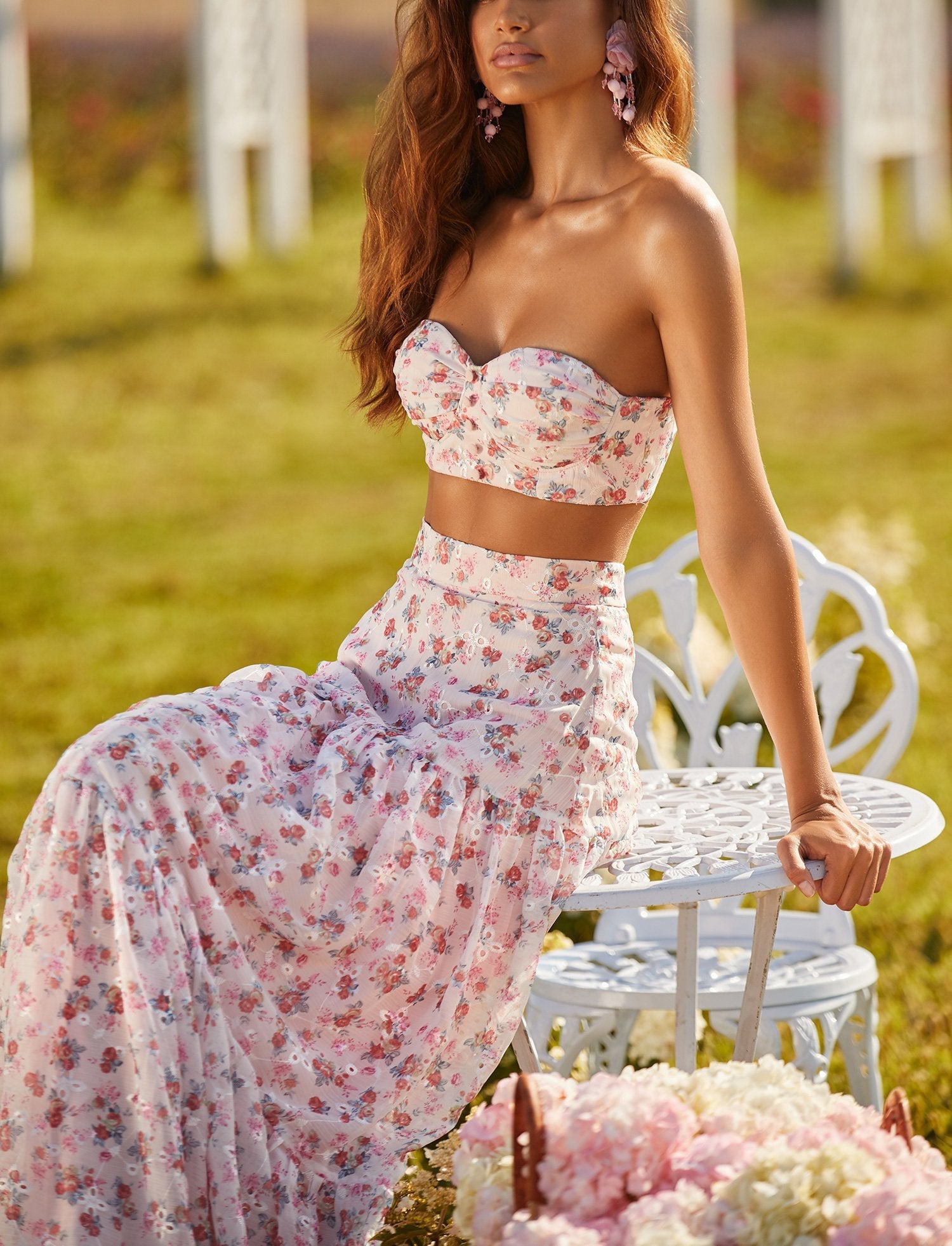 Vacation Pink Floral Two Piece Maxi Skirt Set