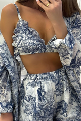Ink Painting Print Long Sleeve Blouse Halter Bra Shorts Three-Piece Set-Blue