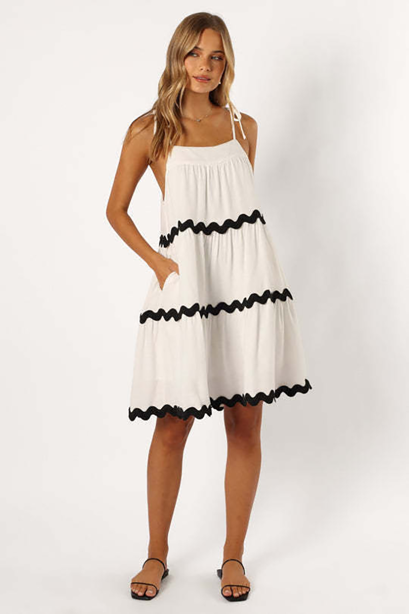 Colorblock Ripple Trim Loose Fit A-Line Midi Slip Dresses-Beige