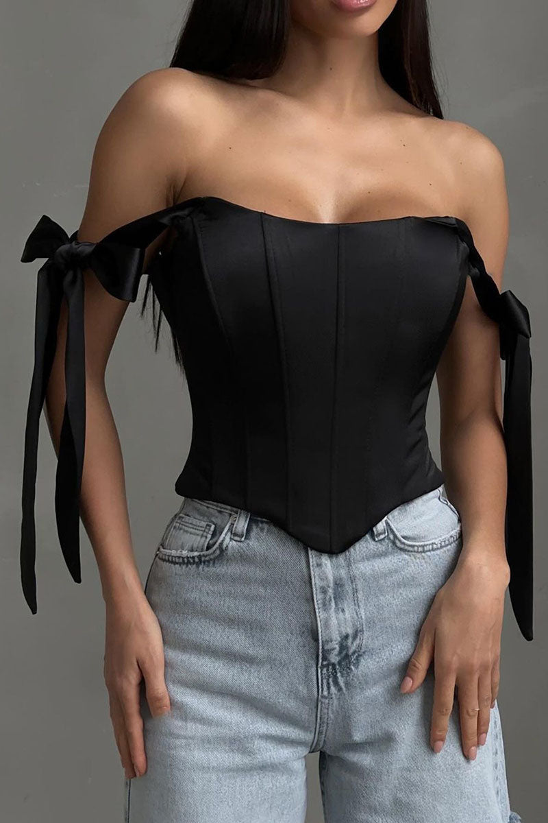 Off Shoulder Ribbon Decor Asymmetric Hem Party Plain Corset Top-Blue