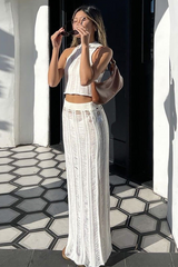 Knit Crop Tank Top Slim Fit Ripped Maxi Skirt Matching Set-White