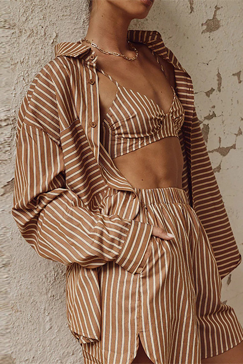 Long Sleeve Blouses Cami Crop Top 3pcs Shorts Set