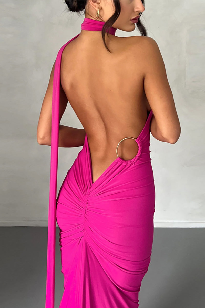 One Shoulder Sleeveless Sash Ring Decor Ruched Backless Elegant Evening Gown White Maxi Dresses