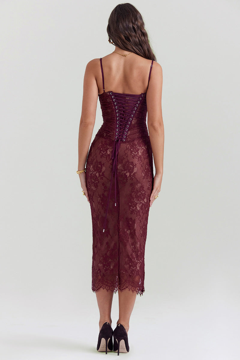 Floral Lace Shrug Ruched Slip Midi Dresses Matching Set-Burgundy