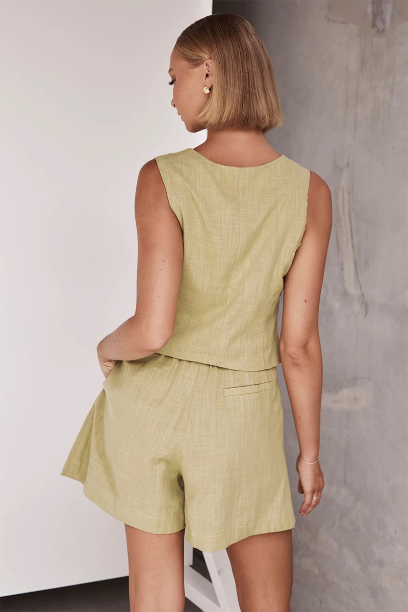 V Neck Button Up Vest Pocket Shorts Matching Set-White