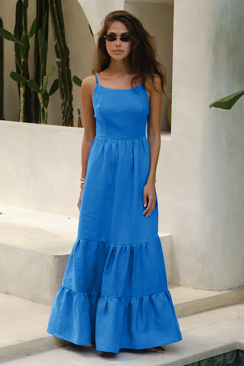 Solid Color Tie Up Backless A-Line Maxi Strappy Dresses-White