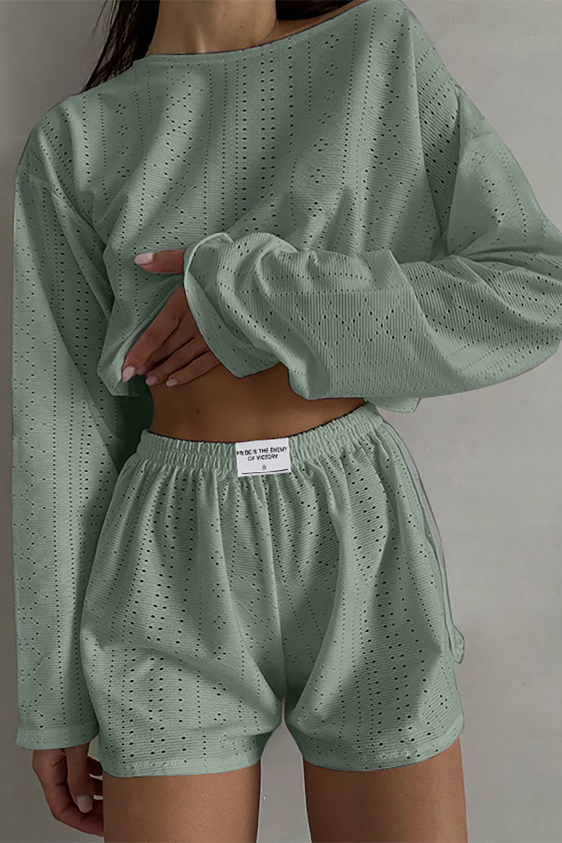 Solid Color Hollow Out Long Sleeve Crop Top Casual Shorts Matching Set-White