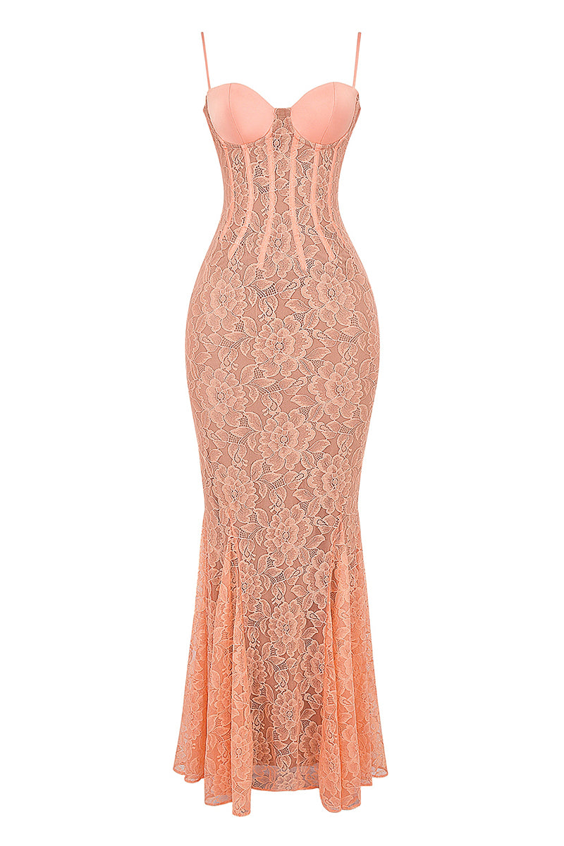 Floral Guipure Lace Corset Party Fishtail Maxi Slip Dresses-Coral