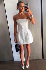 Boat Neck Front Button A-Line Puff Hem Mini Tube Dresses-White