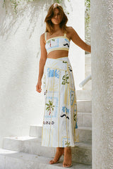 Square Neck Sleeveless Crop Top Wrapped Pleated Print Midi Skirt Matching Set-White