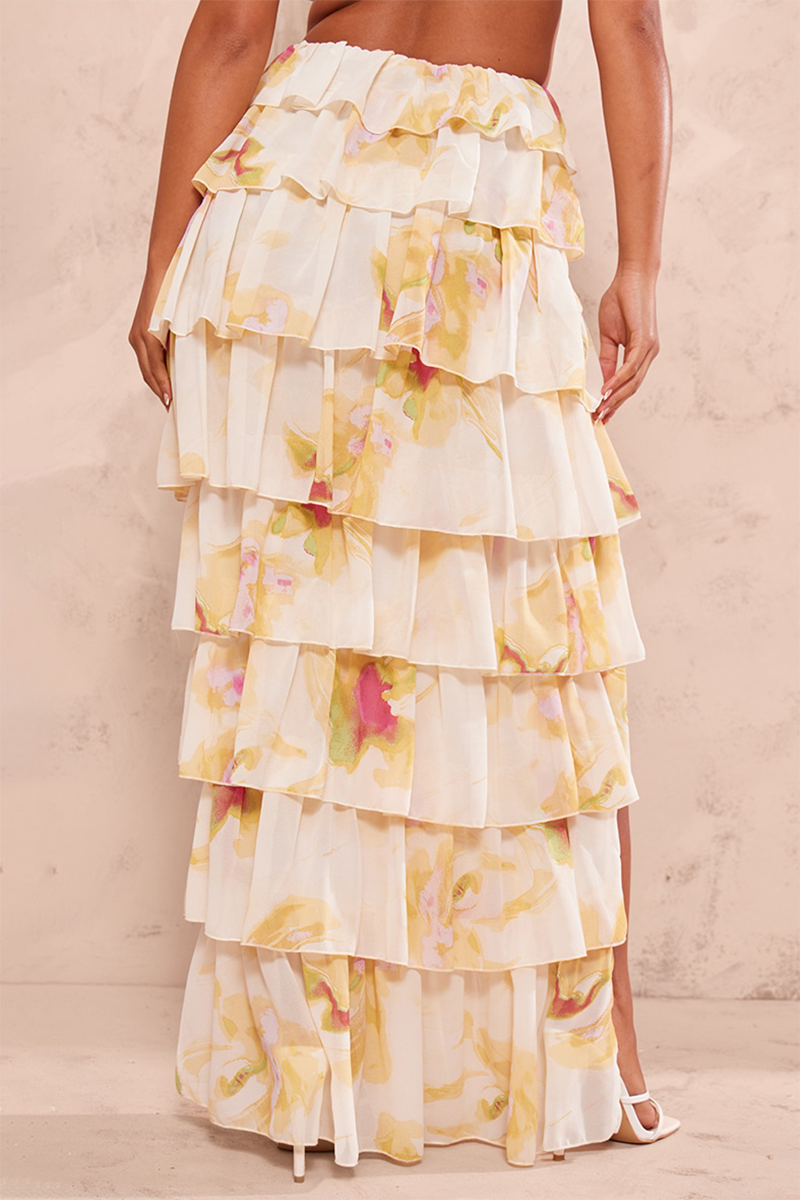 Ruffled Straps Crop Top Slit Tiered Maxi Skirt Matching Set-Beige Pre Order