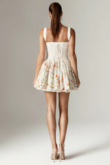 Floral Print Hem Curved Sleeveless Vacation Mini Dresses-White Pre Order