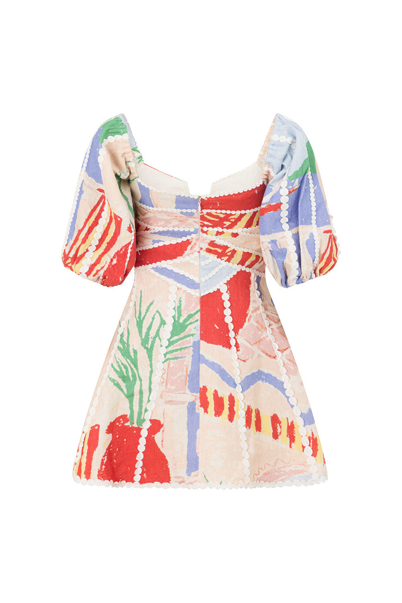 Painting Print Off Shoulder Puff Sleeve A-Line Mini Dresses-Beige