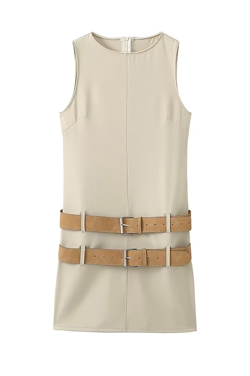 Round Neck Plain Slim Fit Double Belts Sleeveless Mini Dresses-Khaki