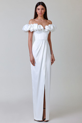 Puffy Ruffled Trim Off Shoulder Corset Slit Formal Party Maxi Dresses-White