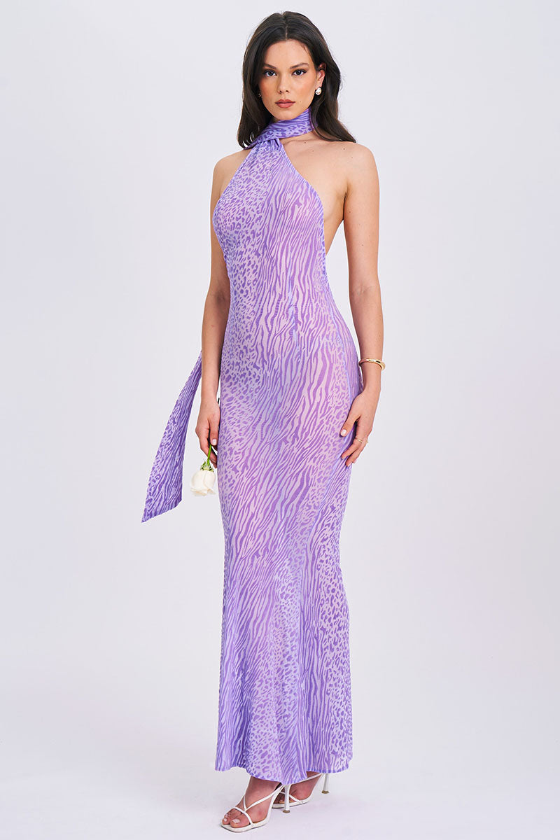 Leopard Print Sash Backless Mermaid Hem Maxi Dresses-Purple