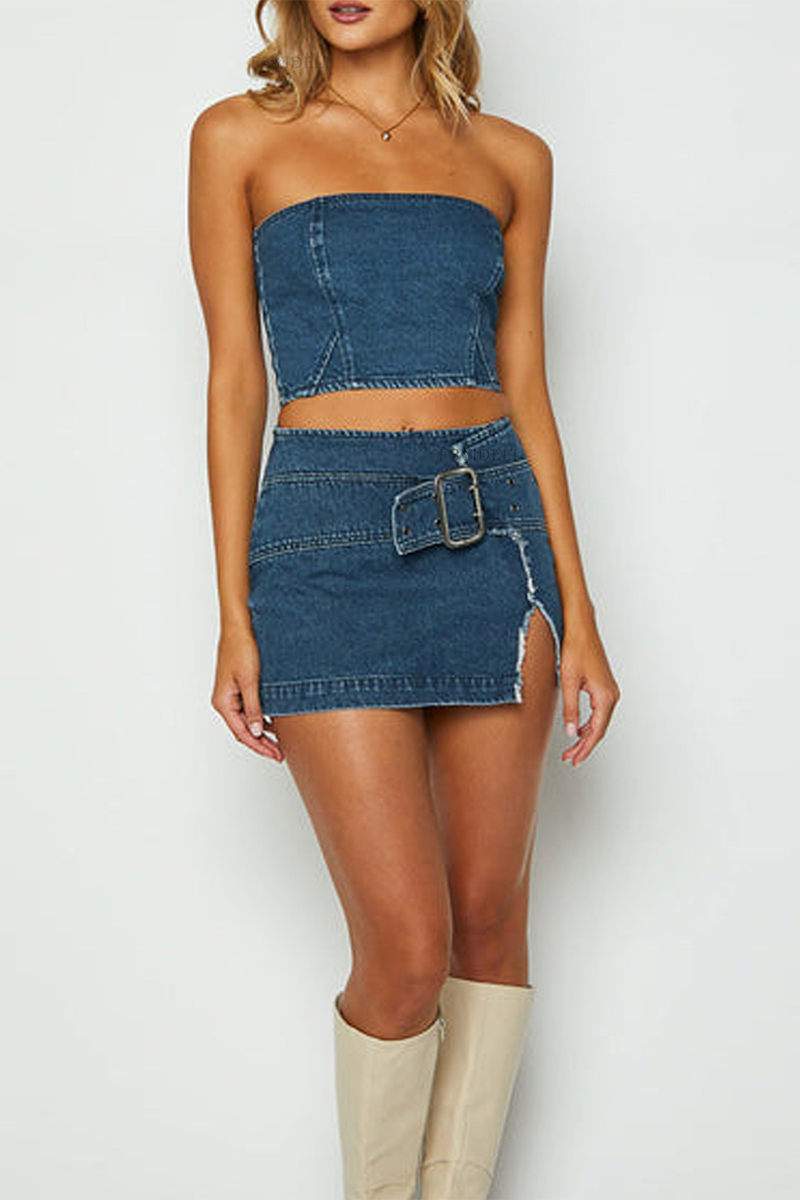 Denim Crop Tube Top Belt Buckle Slit Bodycon Mini Skirt Matching Set-Blue