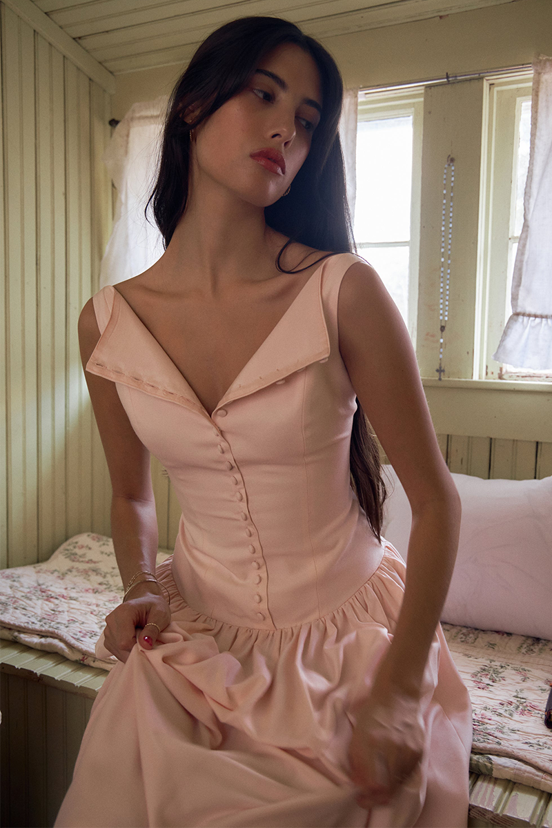 Boat Neck Button Up Cinch Waist Backless Pleated Hem Sleeveless Midi Dresses-Pink