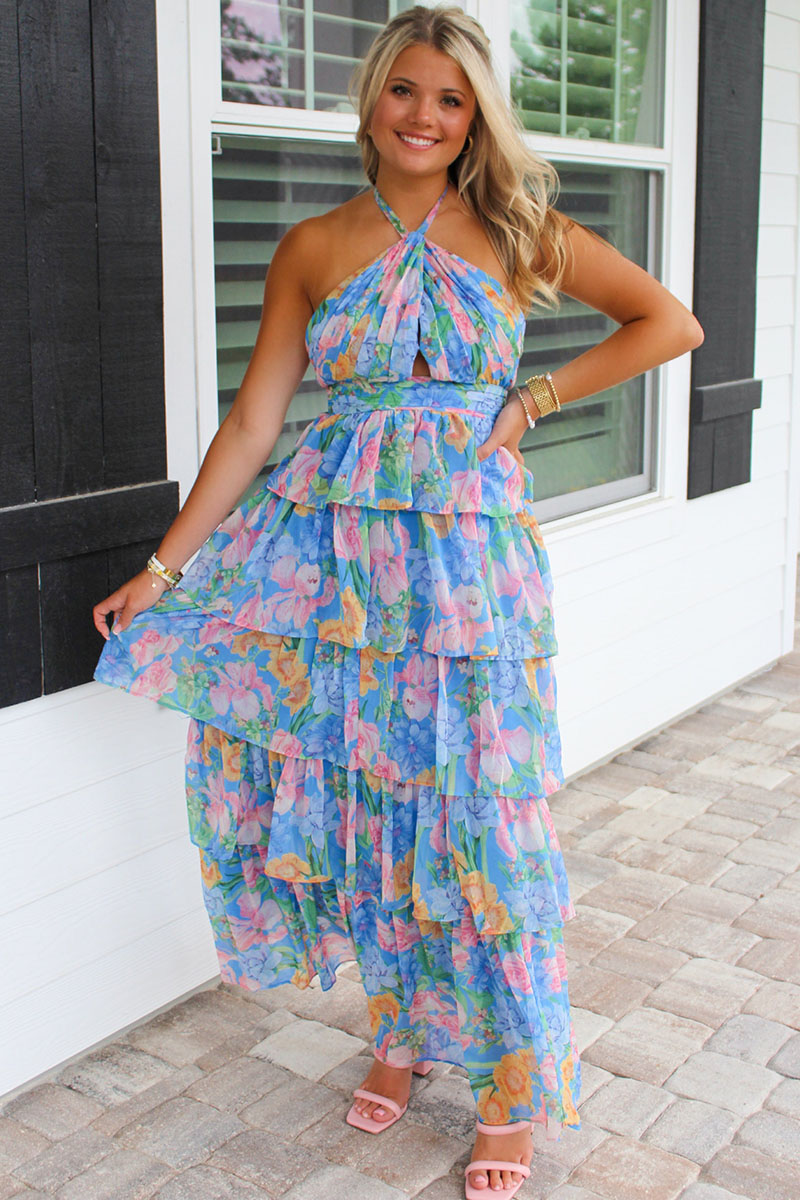 Halter Floral Print Backless Ruffle Layered Maxi Dresses-Blue Pre Order