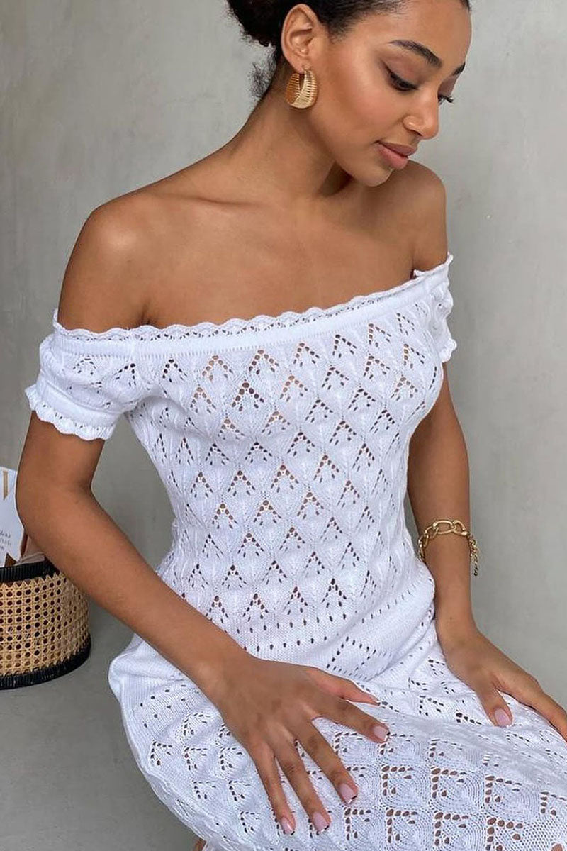 Off Shoulder Hollow Out Boho Knit Fringe Hem Vacation Maxi Dresses-White