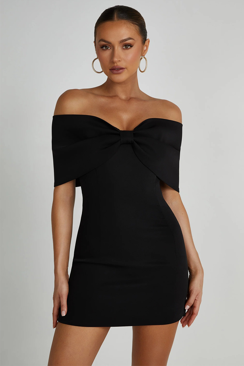 Bow Shaped Dropped Shoulder Short Sleeve Slim Fit Cocktail Party Mini Dresses-Red