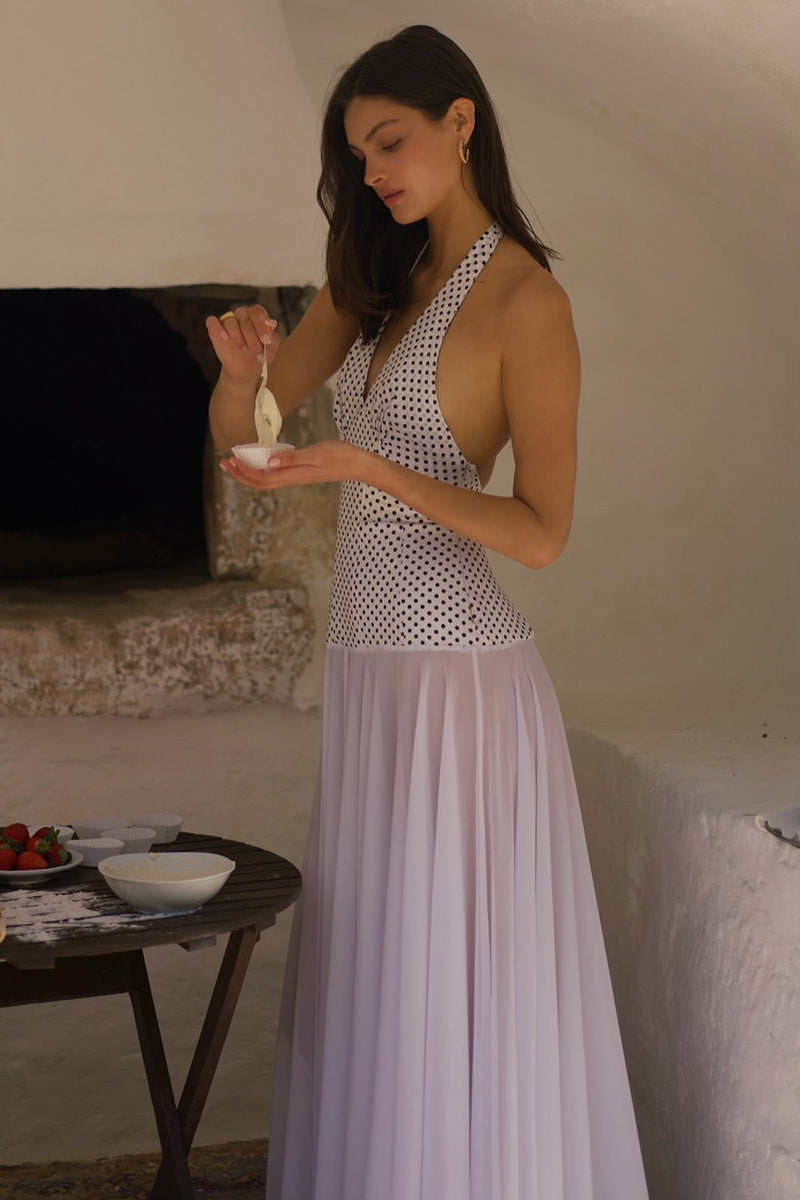 Halter V Neck Polka Dot Patchwork Party Maxi Dresses-Purple